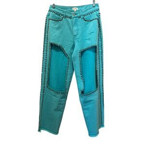 POL Women's Studded Turquoise Straight Jeans Sz S Cut Out Punk Rock Boho NWOT